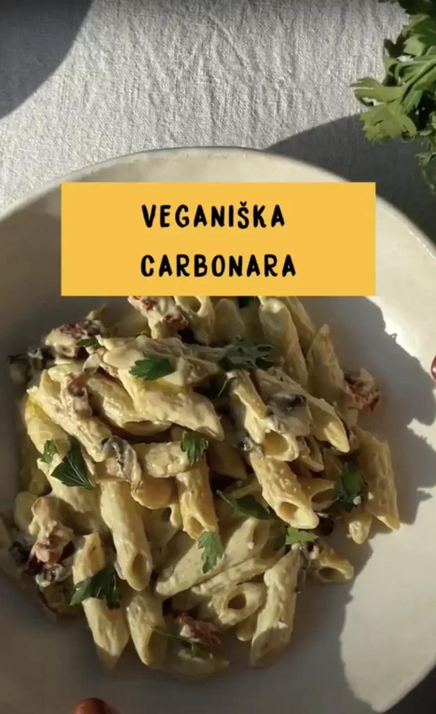 Veganiški carbonara makaronai su carbonara padažu maistingas receptas Alver