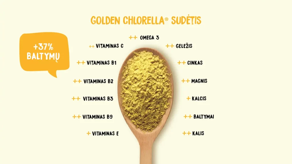 Alver Golden Chlorella šaukštas, naudos orgnazimui baltymai vitaminai mineralai