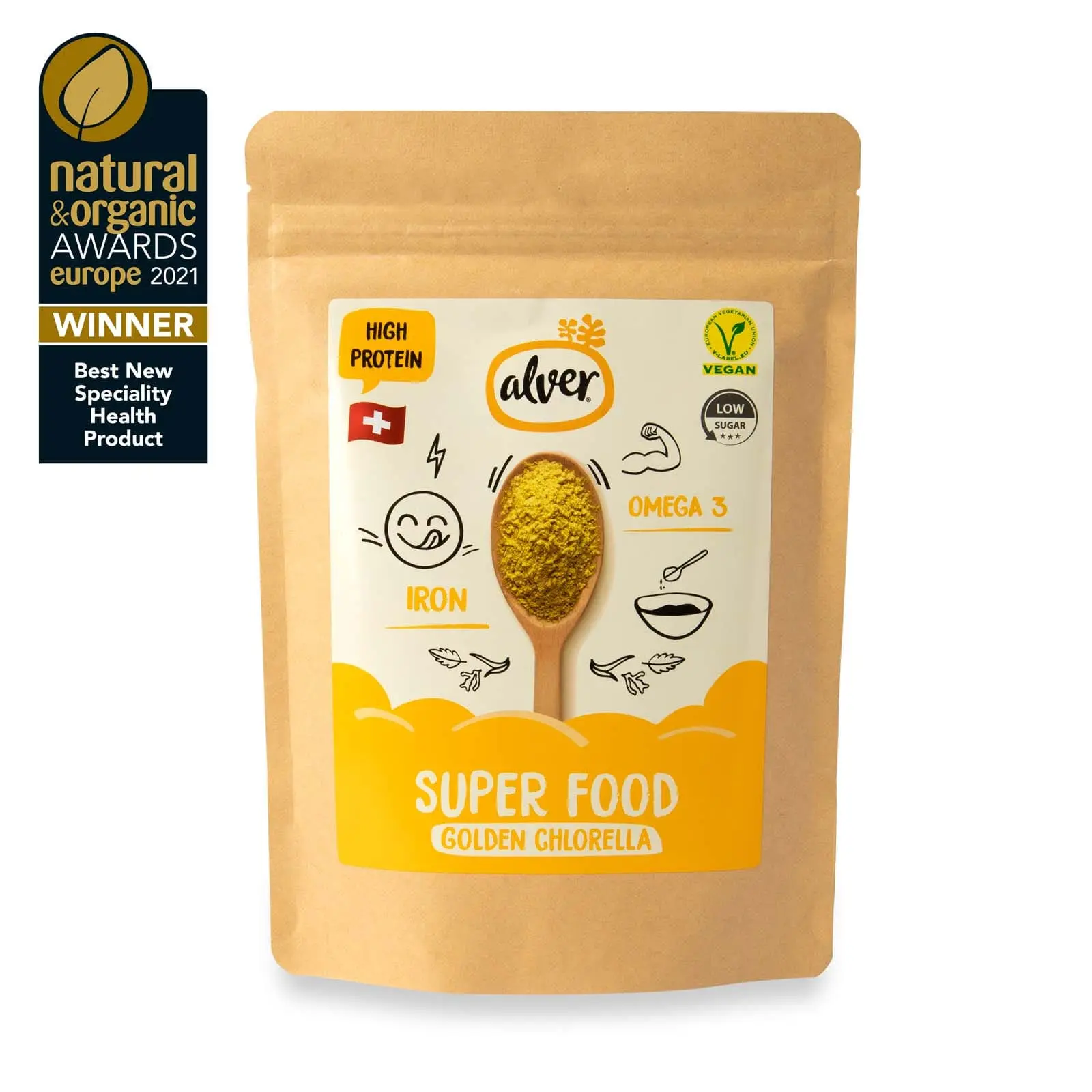 Alver Golden Chlorella baltymų milteliai su vitaminais ir mineralais tinka veganams 35 proc augalinių baltymų Natural & Organic
